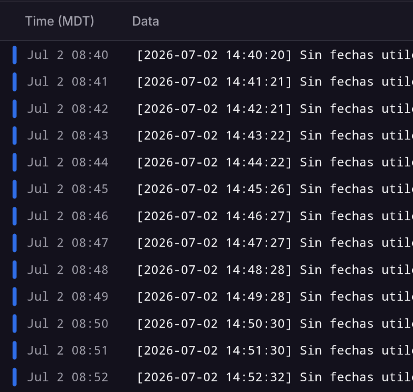 Registro real del monitor de Catchly: una comprobación de disponibilidad por minuto, con marca de tiempo